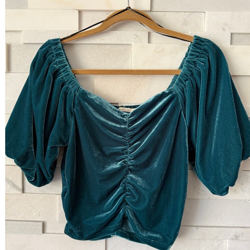 ELLISON Cropped Puff Sleeve Ruched Teal Velvet Top M Dark Romance Boho Romantic